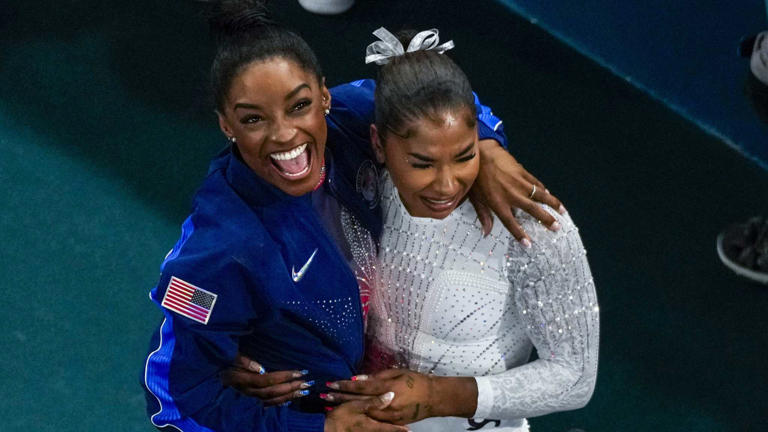 Simone Biles (left) and Jordan Chiles (right) are seen here celebrating their medals in the floor finals at the 2024 Olympics on Monday. They will be part of the gymnasts performing in the Gold Over America Tour coming to Houston on Oct. 19. Photo credit: © Morry Gash, Associated Press.